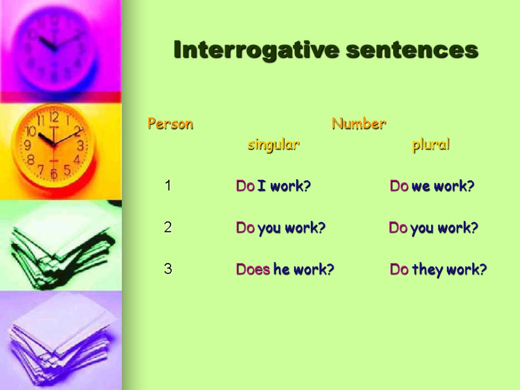 Interrogative sentences Person Number singular plural 1 Do I work? Do we work? 2